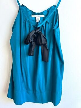 Diane Von Furstenberg Teal Silk Cami with Black Bow